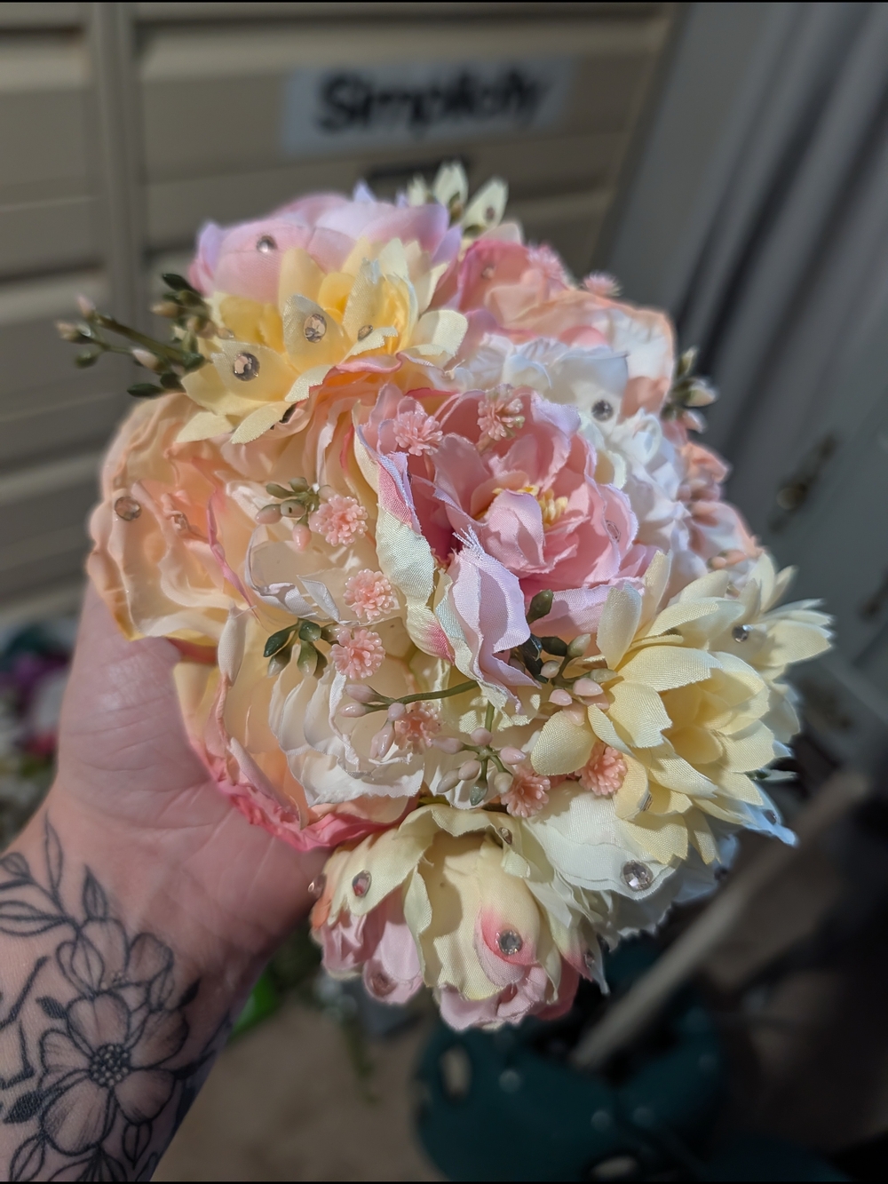 Peach & Cream Hair Flower with Stems And Rhinestone Accents